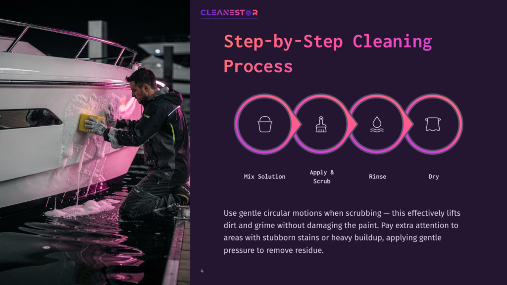 Man Cleaning A Boat With A Yellow Sponge And Pink Foam, With A Step-By-Step Cleaning Process Infographic On The Right.