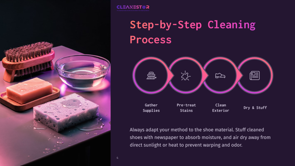 Step-By-Step Shoe Cleaning Process Graphic: Icons For Gathering Supplies, Pre-Treating Stains, Cleaning Exterior, And Drying With Text Overlay &Quot;Cleanestor&Quot;.