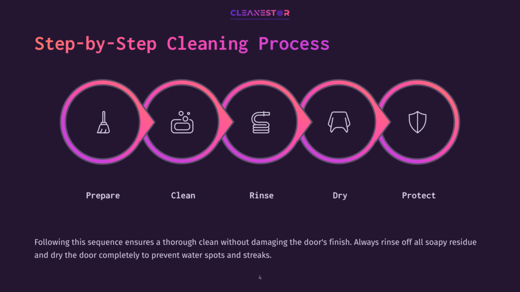 Step-By-Step Cleaning Process Graphic: Prepare, Clean, Rinse, Dry, Protect. Icons Represent Broom, Spray Bottle, Water, Cloth, And Shield.