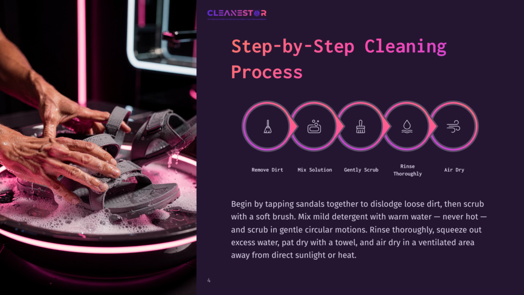 4 Step By Step Cleaning Process 18 Step-By-Step Cleaning Process For Sandals: Remove Dirt, Mix Solution, Gently Scrub, Rinse Thoroughly, And Air Dry. Hands Scrub Dusty Sandals In Bubbly Water.