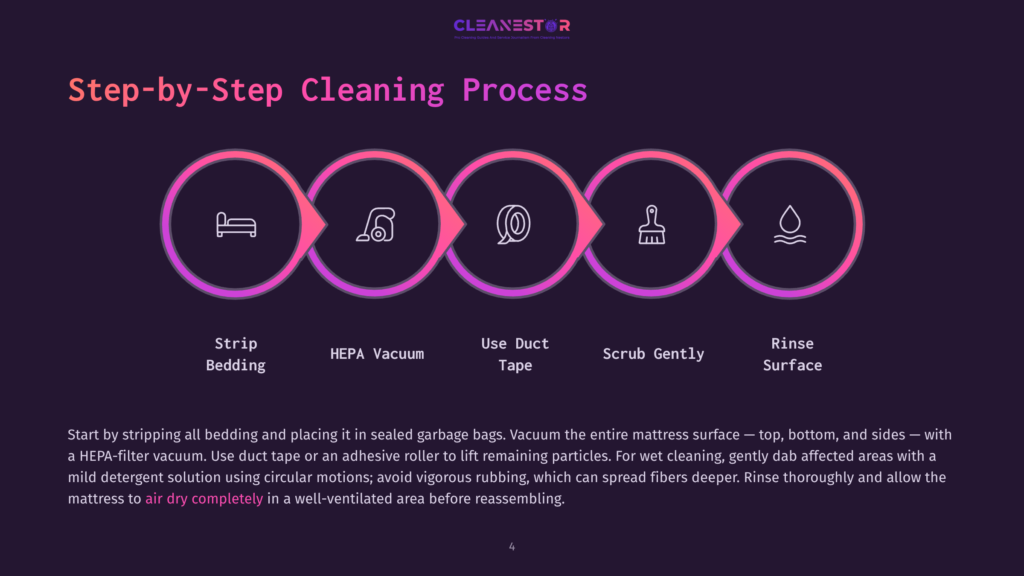 Step-By-Step Mattress Cleaning Process Infographic: Strip Bedding, Hepa Vacuum, Use Duct Tape, Scrub Gently, Rinse Surface. Clean Mattress With This 5-Step Guide.