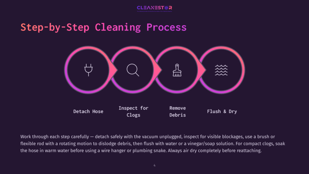 Step-By-Step Cleaning Process Diagram With Four Circular Icons Representing Detach Hose, Inspect For Clogs, Remove Debris, And Flush &Amp; Dry. Text Details Each Step.