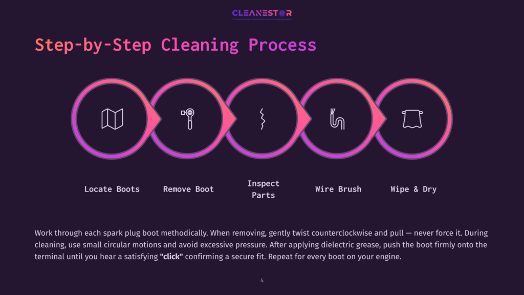 4 Step By Step Cleaning Process 29 Step-By-Step Cleaning Process For Spark Plug Boots: Locate Boots, Remove Boot, Inspect Parts, Wire Brush, Wipe &Amp; Dry, With Icons Representing Each Step.