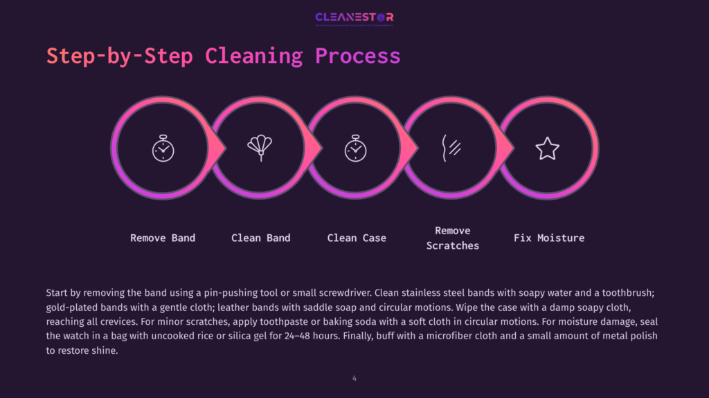 Step-By-Step Cleaning Process For A Watch: Remove Band, Clean Band, Clean Case, Remove Scratches, Fix Moisture. Visualized With Five Circular Icons In A Row.