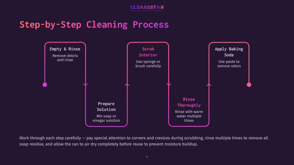 Infographic Detailing A Step-By-Step Cleaning Process For A Can, Featuring Three Main Stages: Empty &Amp; Rinse, Scrub Interior, And Apply Baking Soda. The Process Includes Steps Like Removing Debris, Using Soap Or Vinegar Solution, Rinsing Thoroughly, And Using Baking Soda Paste To Remove Odors.
