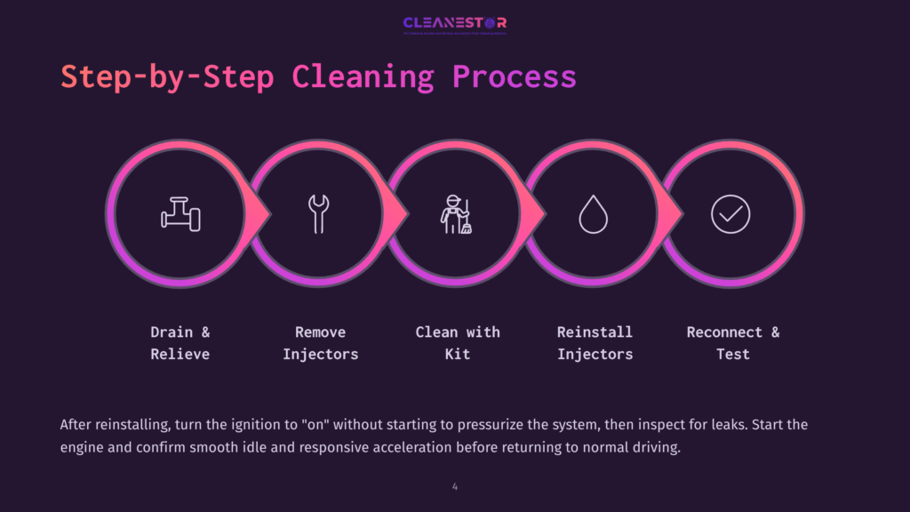Infographic Displaying A Step-By-Step Cleaning Process For An Engine With Icons For Each Step. The Steps Include: Drain &Amp; Relieve, Remove Injectors, Clean With Kit, Reinstall Injectors, And Reconnect &Amp; Test.