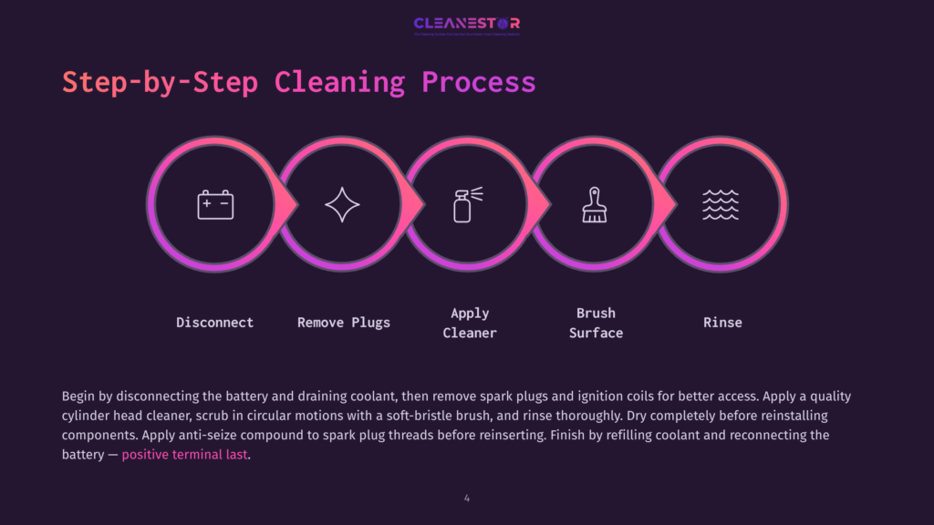 Step-By-Step Cleaning Process Diagram From Cleanestor, Showing Five Icons: Battery Disconnect, Spark Plug Removal, Spray Bottle, Brush, And Water Waves, With Text Labels For Each Step.