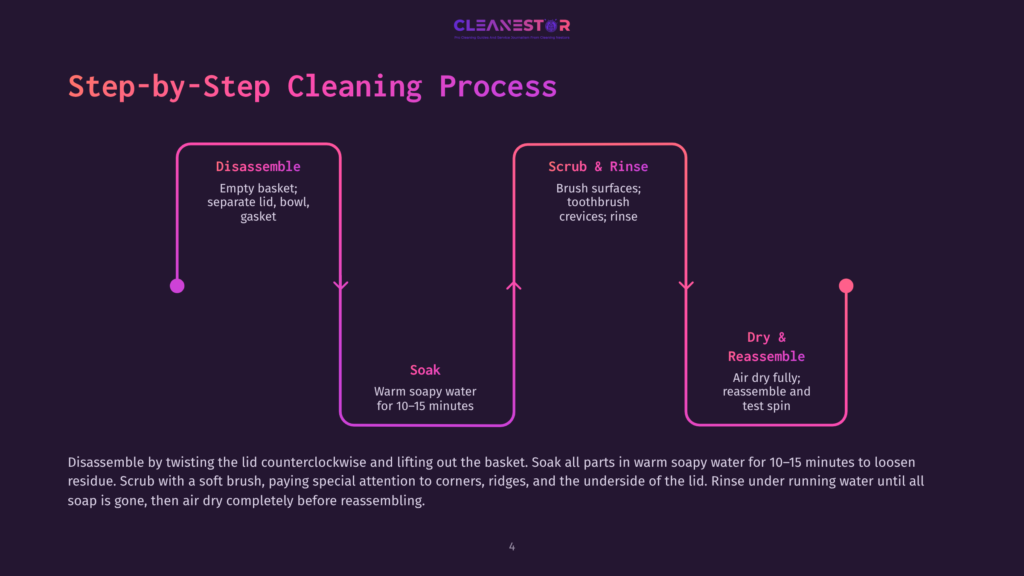 4 Step By Step Cleaning Process 55 Flowchart Illustrating The Step-By-Step Cleaning Process For A Cleanestor Product, Detailing Disassembly, Soaking, Scrubbing, Rinsing, And Reassembly.