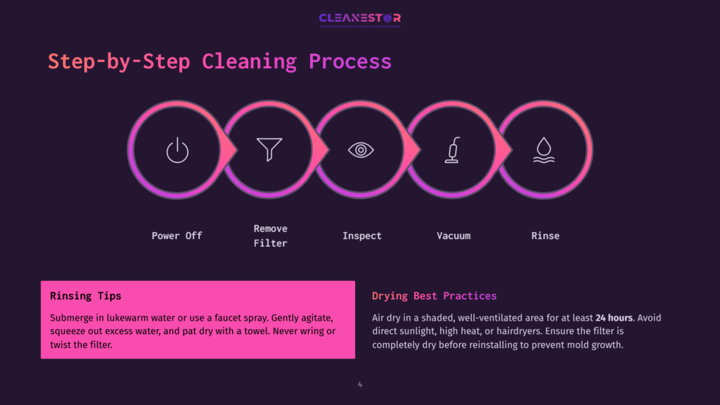 Step-By-Step Cleaning Process Graphic With Icons For Power Off, Remove Filter, Inspect, Vacuum, And Rinse. Includes Rinsing Tips And Drying Best Practices.