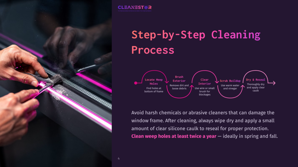 4 Step By Step Cleaning Process 62 Step-By-Step Window Cleaning Process: Locate Weep Holes, Brush Exterior, Clean Interior, And Scrub Buildup. Includes Text: &Quot;Cleanestor&Quot;, &Quot;Step-By-Step Cleaning Process&Quot;, And &Quot;Clean Weep Holes At Least Twice A Year&Quot;.