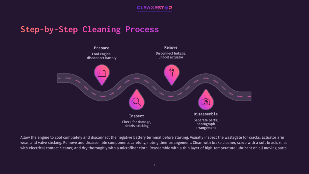 Step-By-Step Cleaning Process Diagram For A Car Engine, Featuring A Winding Road Graphic Connecting Icons For Prepare, Inspect, Remove, And Disassemble.