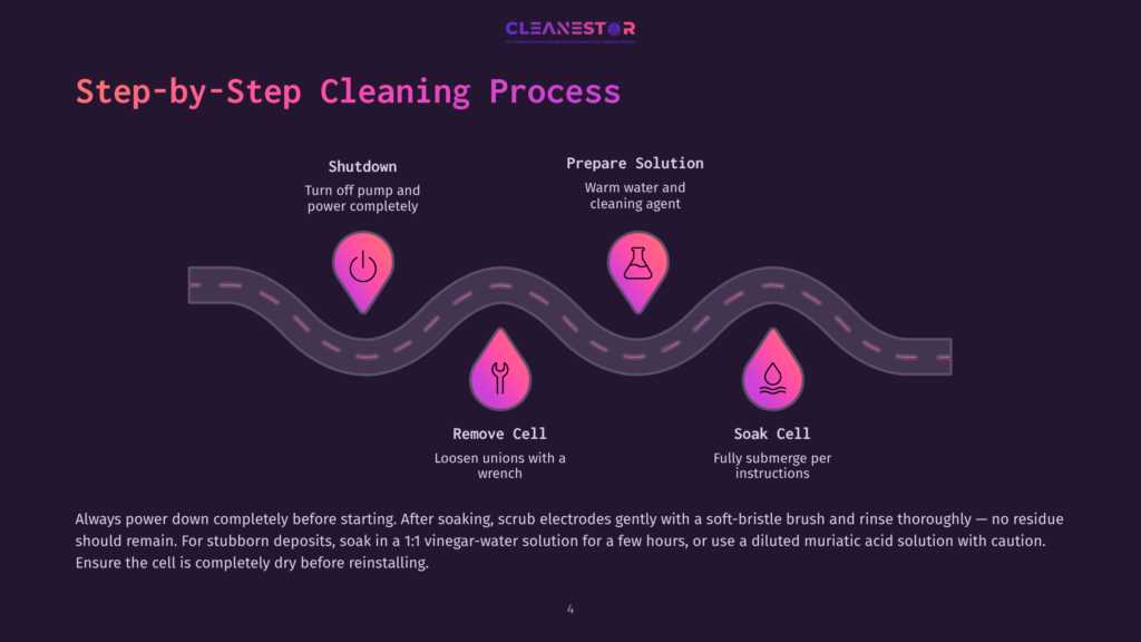 Step-By-Step Cleaning Process Infographic: Shutdown, Remove Cell, Prepare Solution, Soak Cell. Cleanestor Logo At Top.
