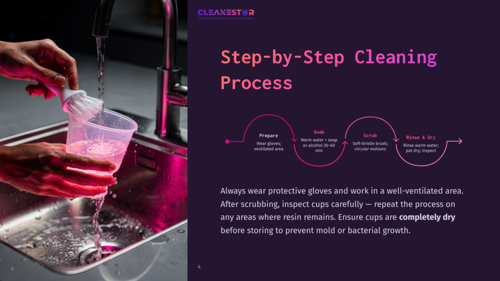 Step-By-Step Cleaning Process For Reusable Cups, Featuring A Person Washing A Plastic Cup Filled With Pink Liquid In A Stainless Steel Sink, With Text Overlay Detailing Preparation, Soaking, And Rinsing Steps.