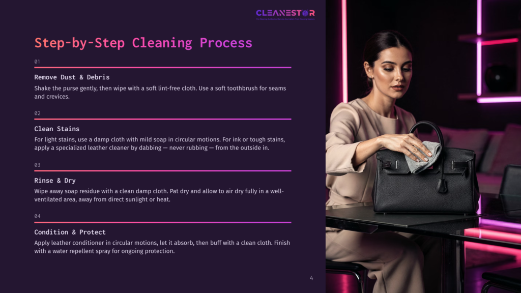 A Woman In A Beige Suit Carefully Cleans A Black Leather Handbag With A Gray Cloth, Following Step-By-Step Instructions For Leather Cleaning.