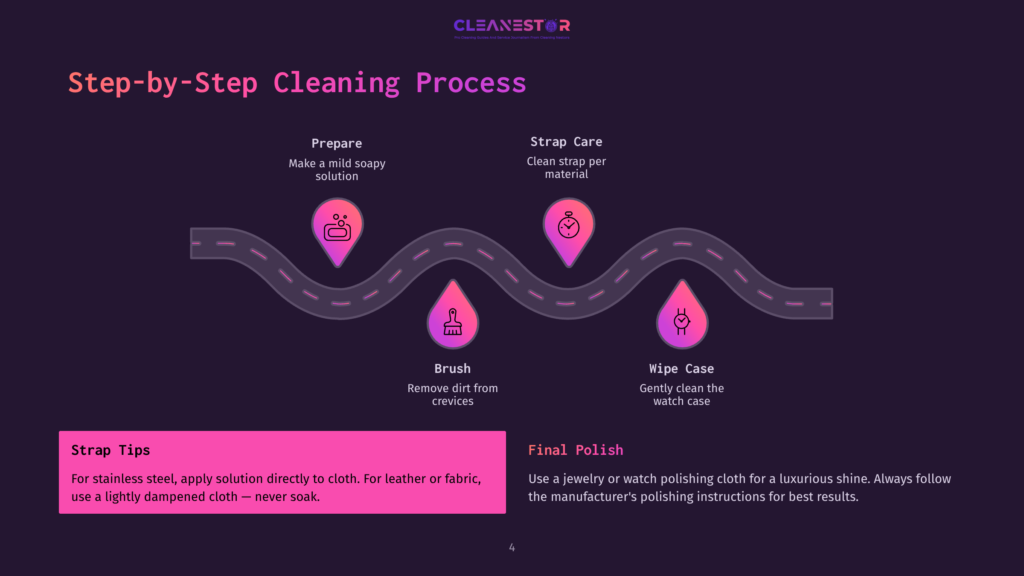 Step-By-Step Watch Cleaning Process Diagram By Cleanestor, Featuring Icons For Preparing Soapy Solution, Brushing, Strap Care, And Wiping The Watch Case.