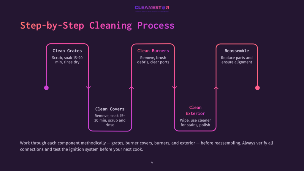 A Step-By-Step Cleaning Process Infographic With Four Steps: Clean Grates, Clean Burners, Clean Covers, And Clean Exterior. Each Step Includes Specific Instructions, Such As Scrubbing, Soaking, Rinsing, And Replacing Parts.