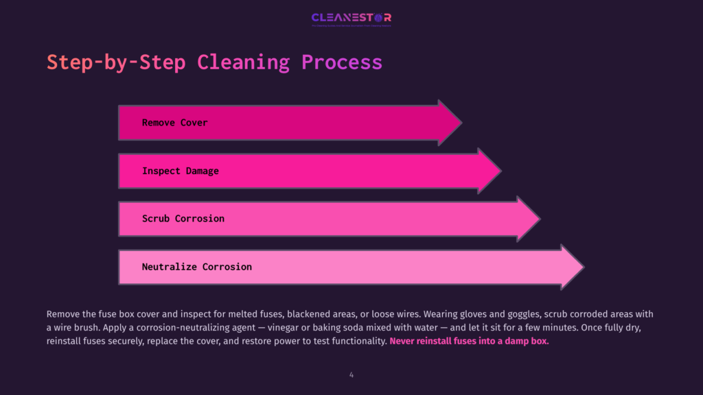 Step-By-Step Cleaning Process Graphic With Magenta Arrows Pointing Right, Labeled &Quot;Remove Cover,&Quot; &Quot;Inspect Damage,&Quot; &Quot;Scrub Corrosion,&Quot; And &Quot;Neutralize Corrosion.