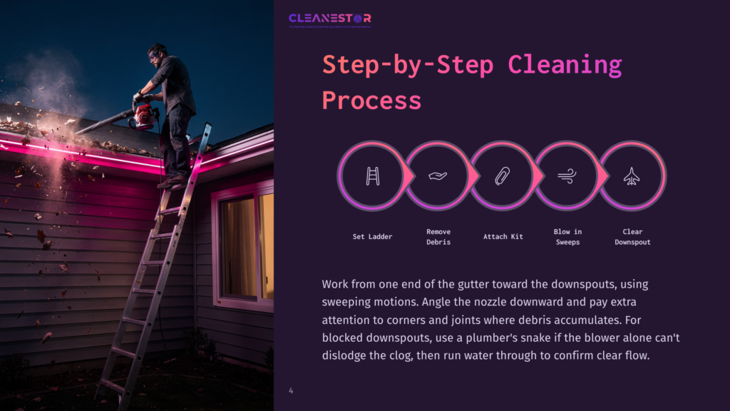 A Man Uses A Blower To Clear Leaves From The Gutters Of A House At Night. He Is Standing On A Ladder Near The Roof&Amp;Apos;S Edge, And The House Has Pink Lights And A Large Window. The Process Is Outlined In Steps, Including Setting Up A Ladder, Removing Debris, Attaching A Kit, Blowing In Sweeps, And Clearing Downspouts.