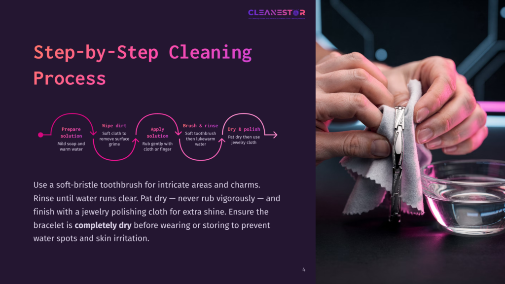 A Close-Up Of Hands Gently Polishing A Silver Zipper With A Soft White Cloth, With A Glass Bowl Of Water In The Background. The Image Illustrates The &Quot;Step-By-Step Cleaning Process&Quot; From The Cleanestor Brand.