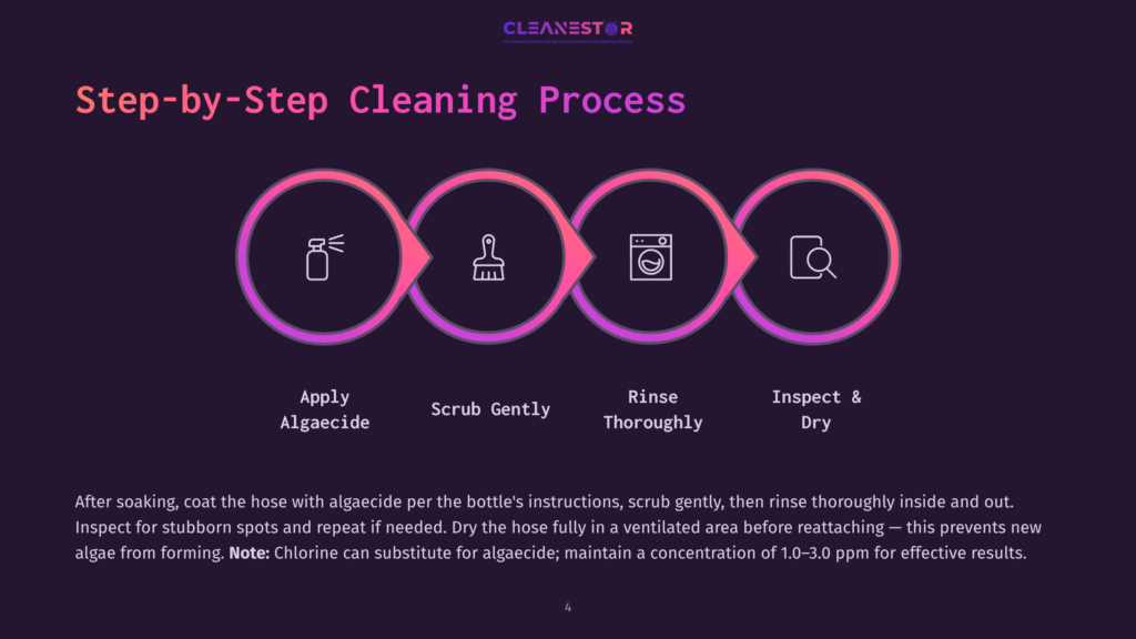 Step-By-Step Cleaning Process Illustration: Apply Algaecide, Scrub Gently, Rinse Thoroughly, Inspect &Amp; Dry. Text Explains Algae Removal With Algaecide And Optional Chlorine Substitute.