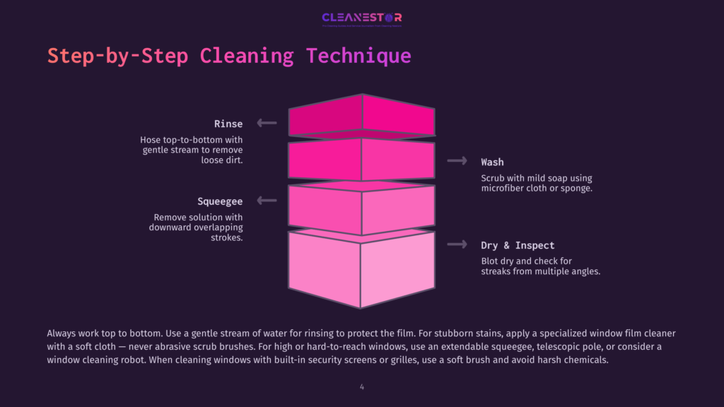 Step-By-Step Cleaning Technique Illustration Showing A Pink Pyramid With Three Layers Labeled &Quot;Rinse,&Quot; &Quot;Squeegee,&Quot; And &Quot;Dry &Amp; Inspect.&Quot; The Background Is A Deep Purple.