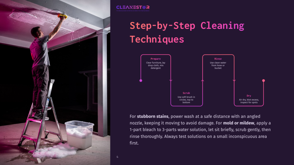 4 Step By Step Cleaning Techniques Man On A Ladder Cleaning A Ceiling With A Spray Bottle And Brush, With Cleaning Instructions From Cleanestor Visible.