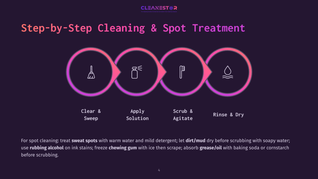 4 Step By Step Cleaning And Spot Treatment Step-By-Step Cleaning And Spot Treatment Process Illustrated With Four Circular Icons: Broom For Clear &Amp; Sweep, Spray Bottle For Apply Solution, Toothbrush For Scrub &Amp; Agitate, And Water Drop For Rinse &Amp; Dry. Text Below Explains Spot Cleaning Methods For Sweat, Ink, And Grease.