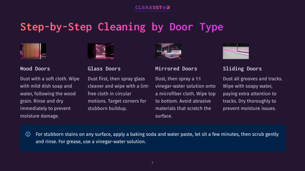 Step-By-Step Cleaning Guide For Wood, Glass, Mirrored, And Sliding Doors, With Instructions For Cleaning And Stain Removal.