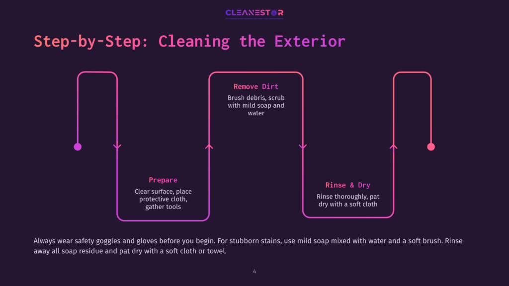 Step-By-Step Guide For Cleaning The Exterior: Prepare, Remove Dirt With Soap And Water, Rinse, And Dry. Includes Safety Precautions.