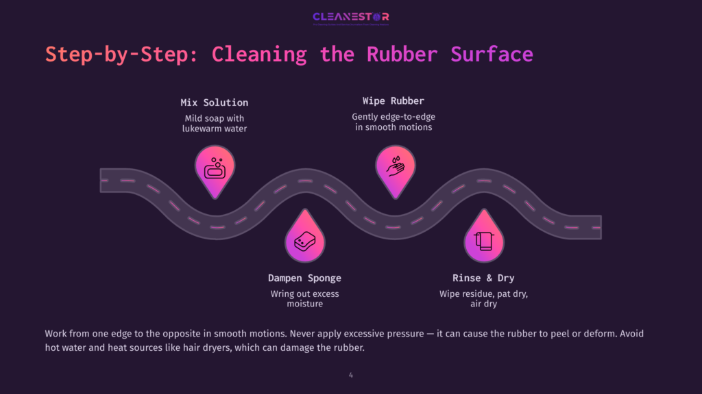 Step-By-Step Guide To Cleaning Rubber Surfaces: Mix Solution, Wipe Rubber, Dampen Sponge, Rinse &Amp; Dry. Visuals Show A Stylized Road With Icons Representing Each Step.