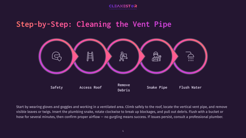 4 Step By Step Cleaning The Vent Pipe Step-By-Step Guide To Cleaning A Vent Pipe: Safety, Access Roof, Remove Debris, Snake Pipe, Flush Water. Icons Illustrate Each Step In A Colorful, Circular Flow Chart.