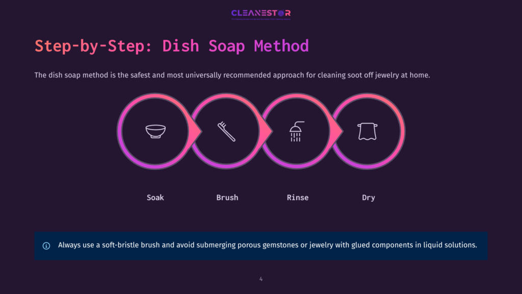 Step-By-Step Guide To Cleaning Jewelry With Dish Soap: Soak, Brush, Rinse, And Dry. Includes A Warning To Use A Soft Brush And Avoid Submerging Gemstones Or Glued Components.