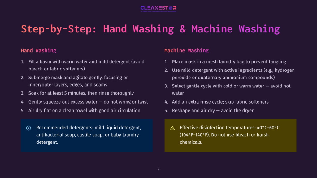 Infographic Comparing Hand Washing And Machine Washing Clothes. It Lists Steps For Each Method, Including Using Mild Detergent And Gentle Cycles, With Recommended Disinfection Temperatures For Machine Washing.
