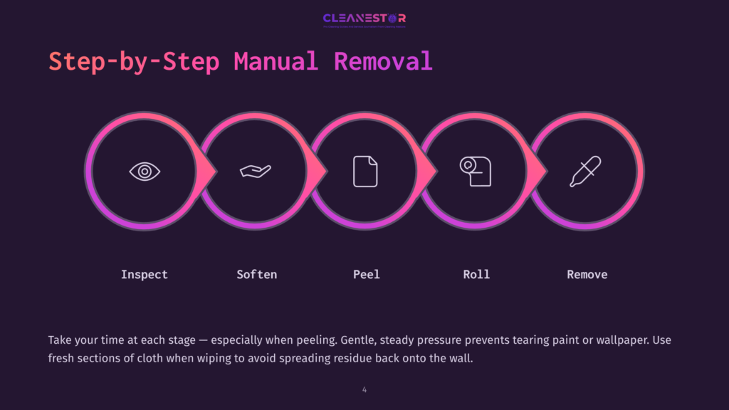 Step-By-Step Manual Removal Process Visualized With Five Icons In Circles: Inspect, Soften, Peel, Roll, Remove. Text Reads &Quot;Step-By-Step Manual Removal&Quot; And Provides Instructions.