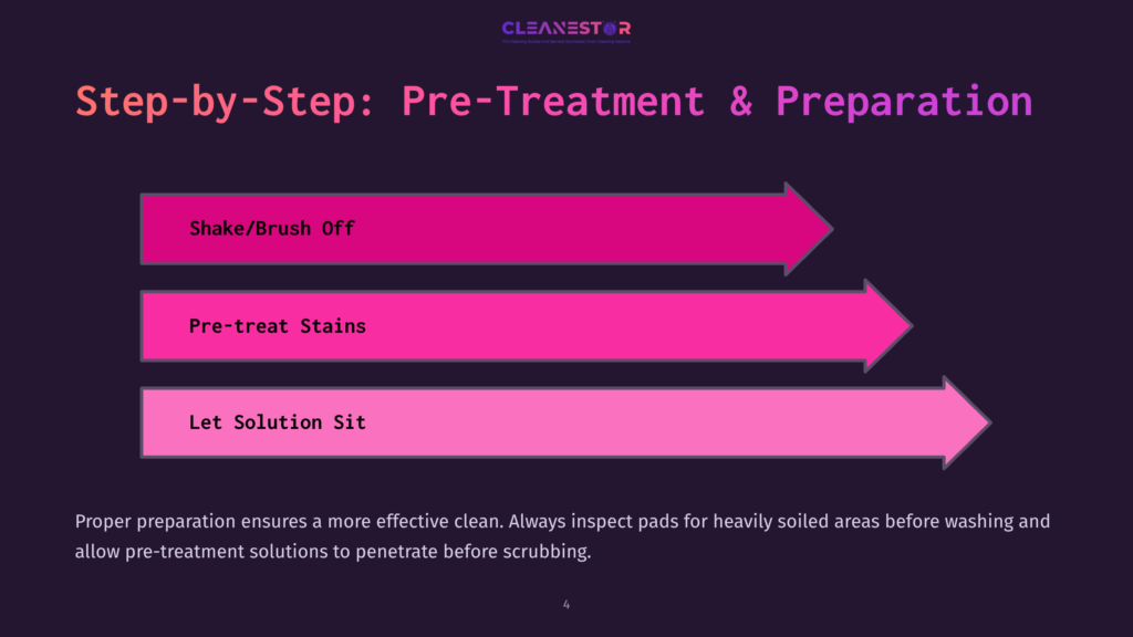 4 Step By Step Pre Treatment And Preparation Step-By-Step Guide For Carpet Pre-Treatment And Preparation: Shake/Brush Off Debris, Pre-Treat Stains, And Let Solution Sit. Proper Preparation Ensures Effective Cleaning.