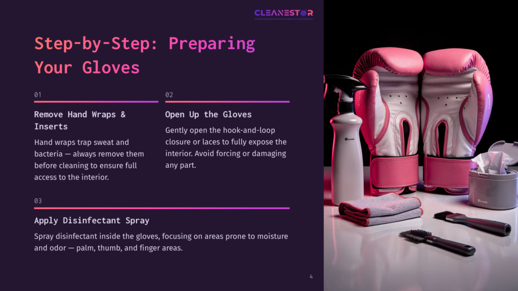 4 Step By Step Preparing Your Gloves Pink Boxing Gloves And Cleaning Supplies, Including A Spray Bottle And Microfiber Cloths, Are Arranged On A Dark Surface, With Text Overlay Detailing How To Prepare Gloves For Cleaning.