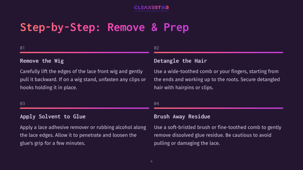 Step-By-Step Guide For Removing And Prepping A Lace Front Wig. Visual Instructions Detail Removing The Wig, Detangling Hair, Applying Solvent To Glue, And Brushing Away Residue.