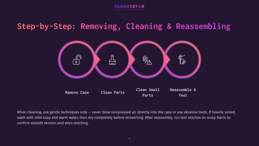 Step-By-Step Guide To Removing, Cleaning, And Reassembling A Sewing Machine, Illustrated With Icons Representing Case Removal, Part Cleaning, Small Part Cleaning, And Reassembly.