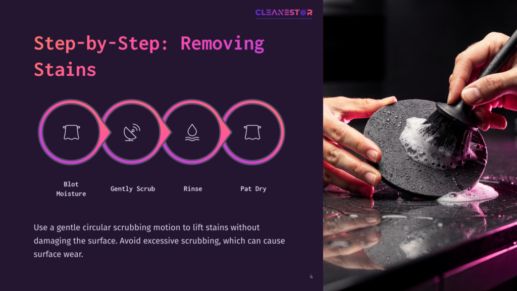 Step-By-Step Guide To Removing Stains: Blot, Gently Scrub, Rinse, Pat Dry. A Hand Scrubs A Black Surface With A Brush And Soap Suds.