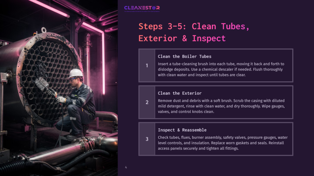 A Worker In A White Hard Hat And Blue Overalls Uses A Large Brush To Clean The Tubes Of A Large Industrial Boiler, With Purple Lighting Creating An Atmospheric Glow. Text Overlay Provides Instructions For Cleaning Boiler Tubes.