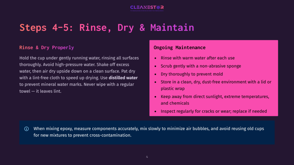 Steps 4-5: Rinse, Dry &Amp; Maintain. Hold The Cup Under Gently Running Water, Rinsing All Surfaces Thoroughly. Air Dry Upside Down On A Clean Surface. Use A Lint-Free Cloth To Speed Up Drying. Avoid High-Pressure Water.