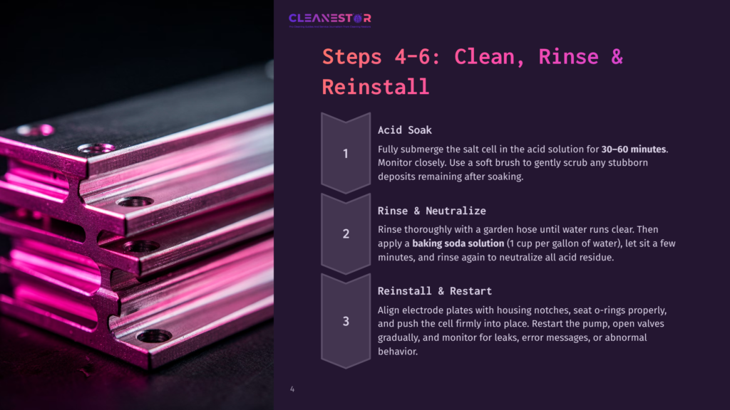 Steps 4-6: Clean, Rinse &Amp; Reinstall. Detailed Instructions For Cleaning, Rinsing, And Reinstalling A Salt Cell For A Pool Cleaning System.