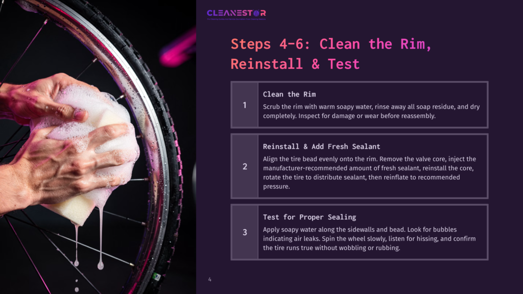 Hands With A Sponge Create A Thick Lather Of Soap Suds On A Bicycle Wheel Rim, Preparing For Cleaning. The Image Is Part Of A &Quot;Steps 4-6: Clean The Rim, Reinstall &Amp; Test&Quot; Guide.
