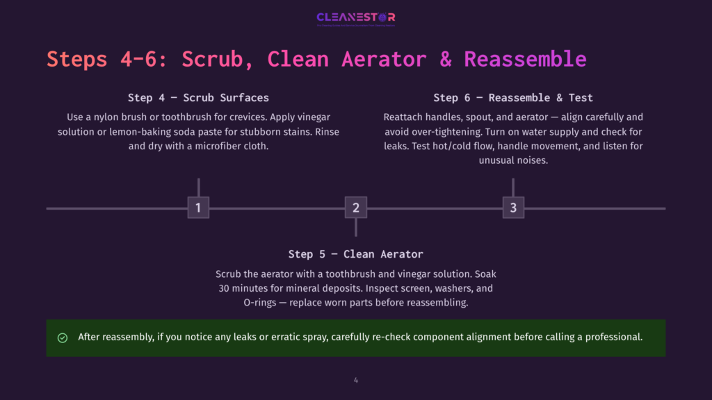Infographic Displaying Steps 4 To 6 For Cleaning An Aerator, With A Detailed Guide On Scrubbing Surfaces And Reassembling.