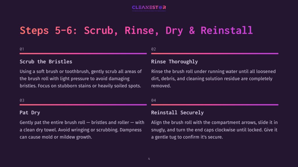 Steps 5-6: Scrub, Rinse, Dry &Amp; Reinstall. Instructions For Cleaning And Reassembling A Brush Roll, Including Scrubbing With A Toothbrush, Rinsing Thoroughly, Patting Dry, And Reinstalling Securely.