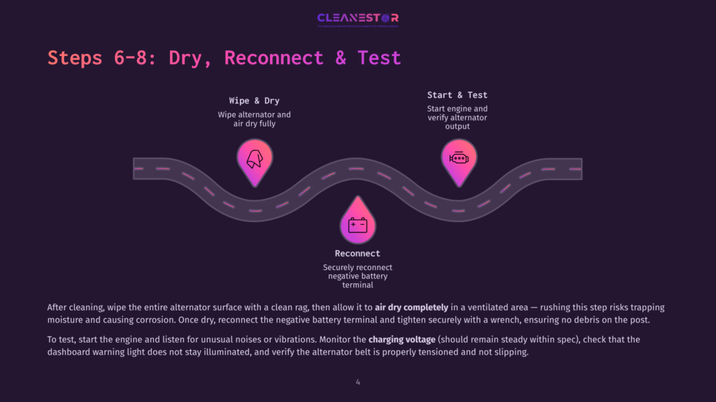 Steps 6-8: Dry, Reconnect &Amp; Test Alternator. Illustration Shows A Road With Three Icons: A Battery For &Quot;Wipe &Amp; Dry,&Quot; A Battery For &Quot;Reconnect,&Quot; And A Battery For &Quot;Start &Amp; Test.