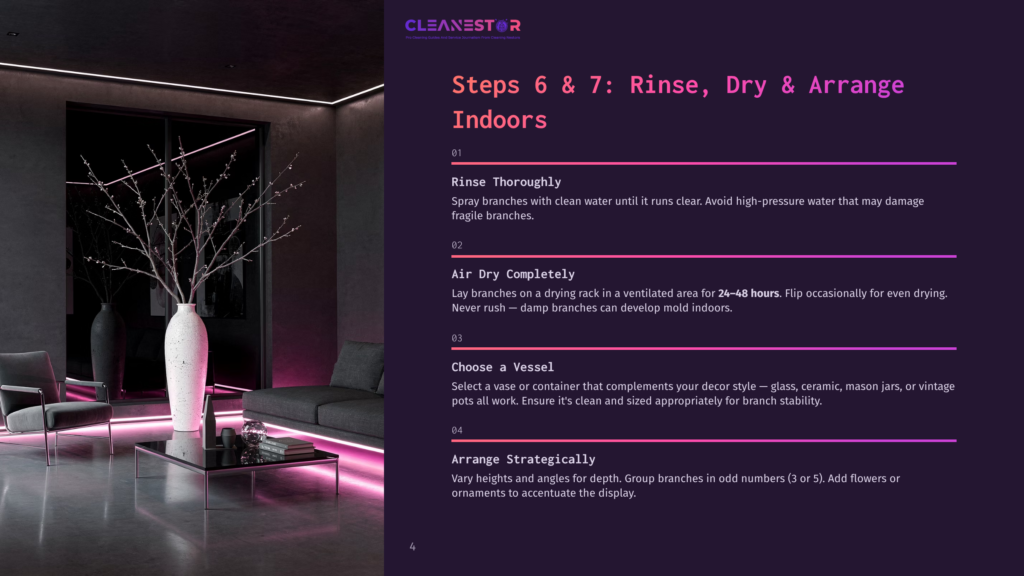 4 Steps 6 And 7 Rinse Dry And Arrange Indoors Cleanestor Logo At The Top Of A Dark, Modern Living Room With A Large Abstract Art Installation Of Branches In A White Vase. The Room Features Plush Grey Seating And Dramatic Pink Lighting.