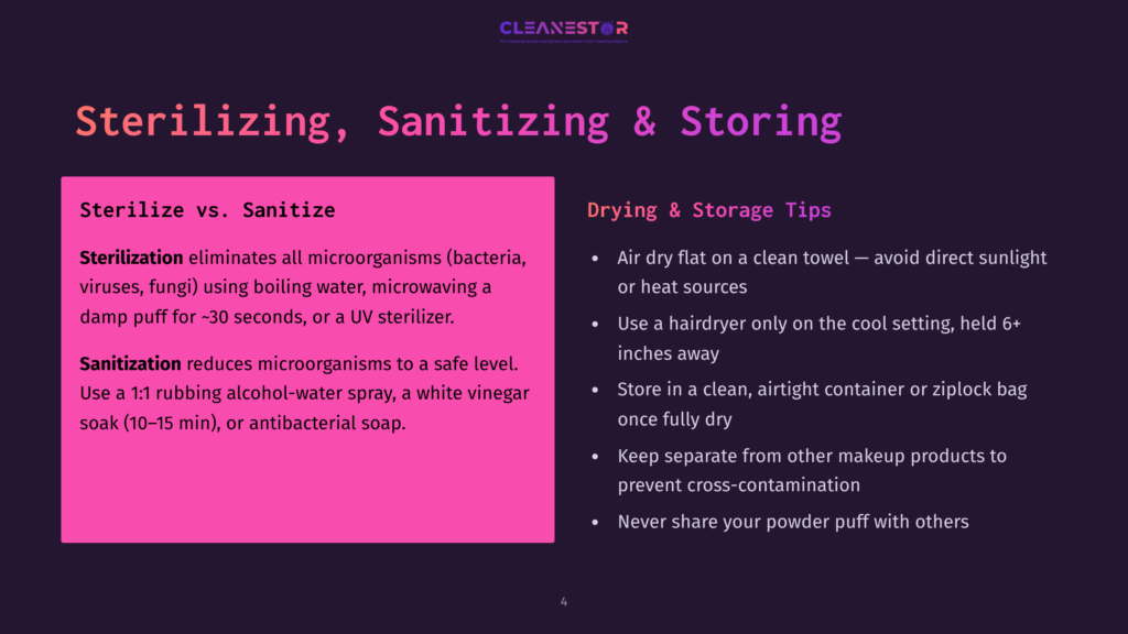 Slide Titled &Quot;Sterilizing, Sanitizing &Amp; Storing&Quot; With Sections On &Quot;Sterilize Vs. Sanitize&Quot; And &Quot;Drying &Amp; Storage Tips.