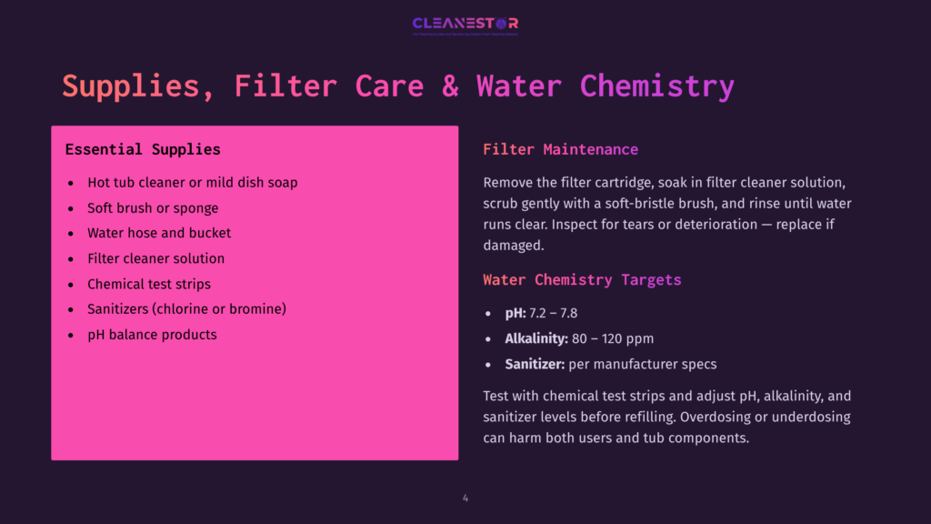 Slide Titled &Quot;Supplies, Filter Care &Amp; Water Chemistry&Quot; Listing Hot Tub Cleaner, Soft Brush, Hose, Filter Cleaner, Test Strips, Sanitizers, And Ph Balance Products, Alongside Filter Maintenance Instructions And Water Chemistry Targets For Ph, Alkalinity, And Sanitizer.
