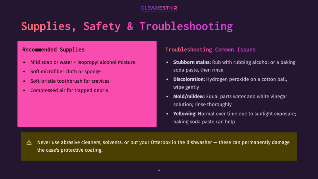Supplies, Safety &Amp; Troubleshooting Guide For Cleaning Otterbox Cases. Lists Recommended Cleaning Supplies Like Microfiber Cloths And Isopropyl Alcohol, And Troubleshooting Tips For Stubborn Stains, Discoloration, And Yellowing.